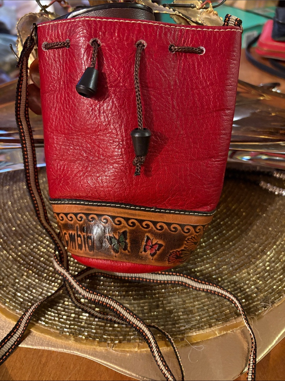 Red Leather Crossbody Bucket Bag with Hand-Painted Trim